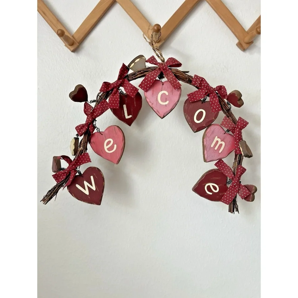 Vtg Hand Painted Heart wood hanging door decor WELCOME 80s 90s cottage valentine - Picture 1 of 5